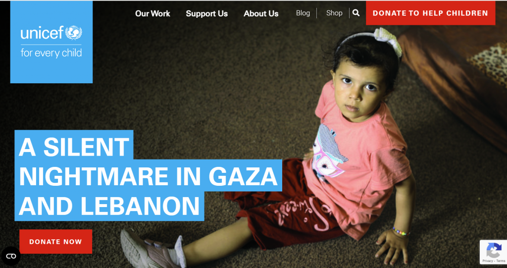 Front Page of UNICEF Website with text saying "A Silent Nightmare in Gaza and Lebanon"