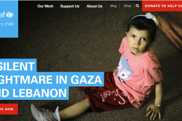 Front Page of UNICEF Website with text saying "A Silent Nightmare in Gaza and Lebanon"